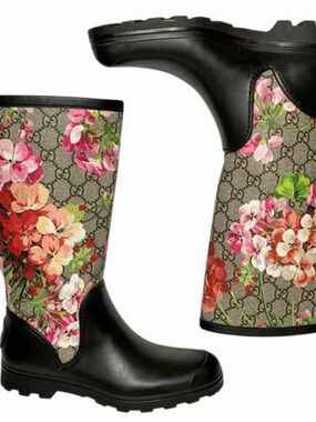 Gucci Black Floral GG Canvas Rain Boots — Multicolor Floral Print
